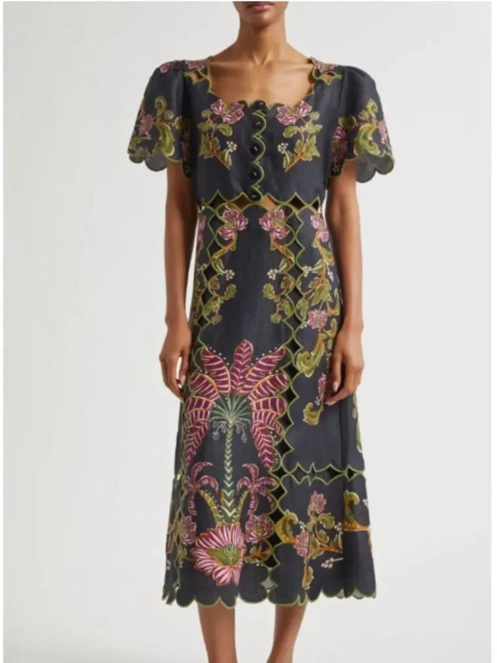 Farm Rio Ravenala Floral Short Sleeve Midi Dress Small